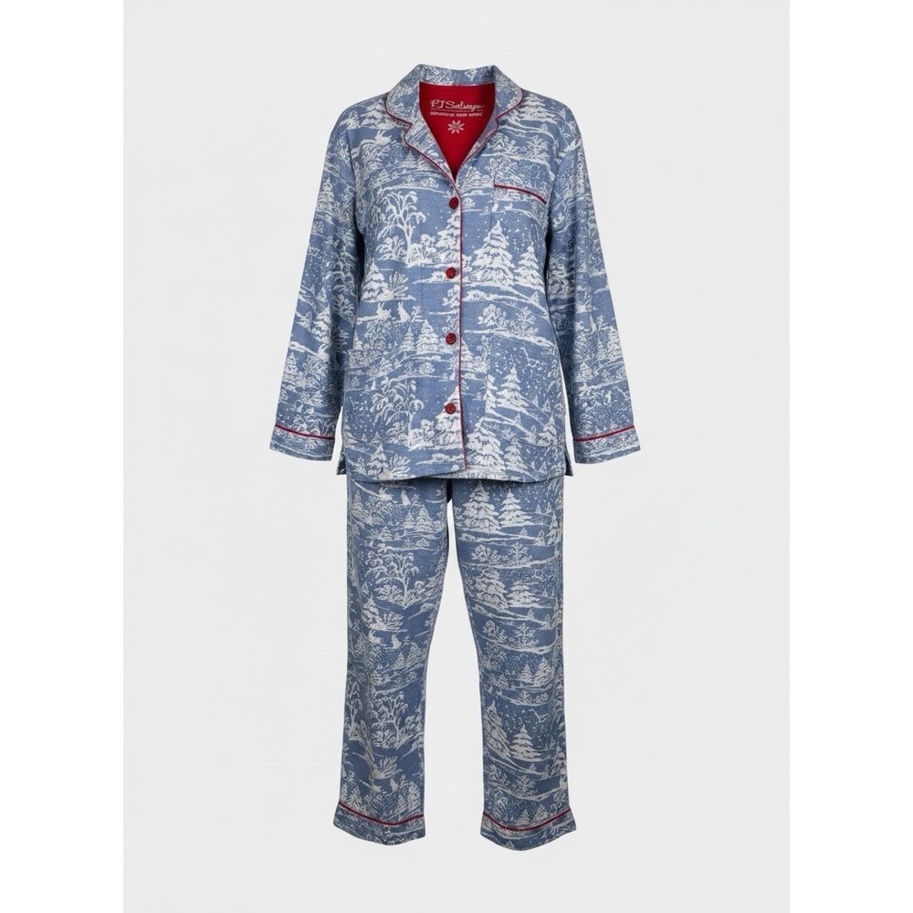 Pj Salvage Size Small Winter Holiday Toile Print Blue Red Trim Flannel Pj Set